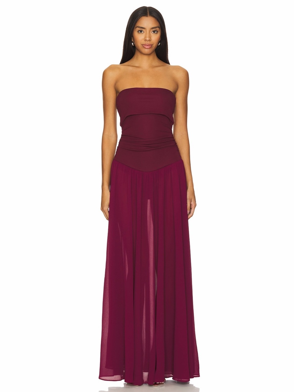 Camila Coelho Revolve Minji Maroon Strapless Bodysuit Chiffon Maxi Dress S NWT